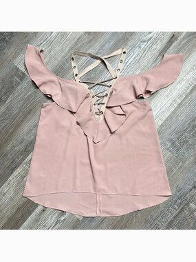 Essue Cold Shoulder Top Medium Blush Pink Lace Up Ruffle Boho Flowy | A-1754